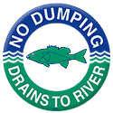 Storm water management sign that reads "No dumping/Drains to river" with an image of a green fish at the center