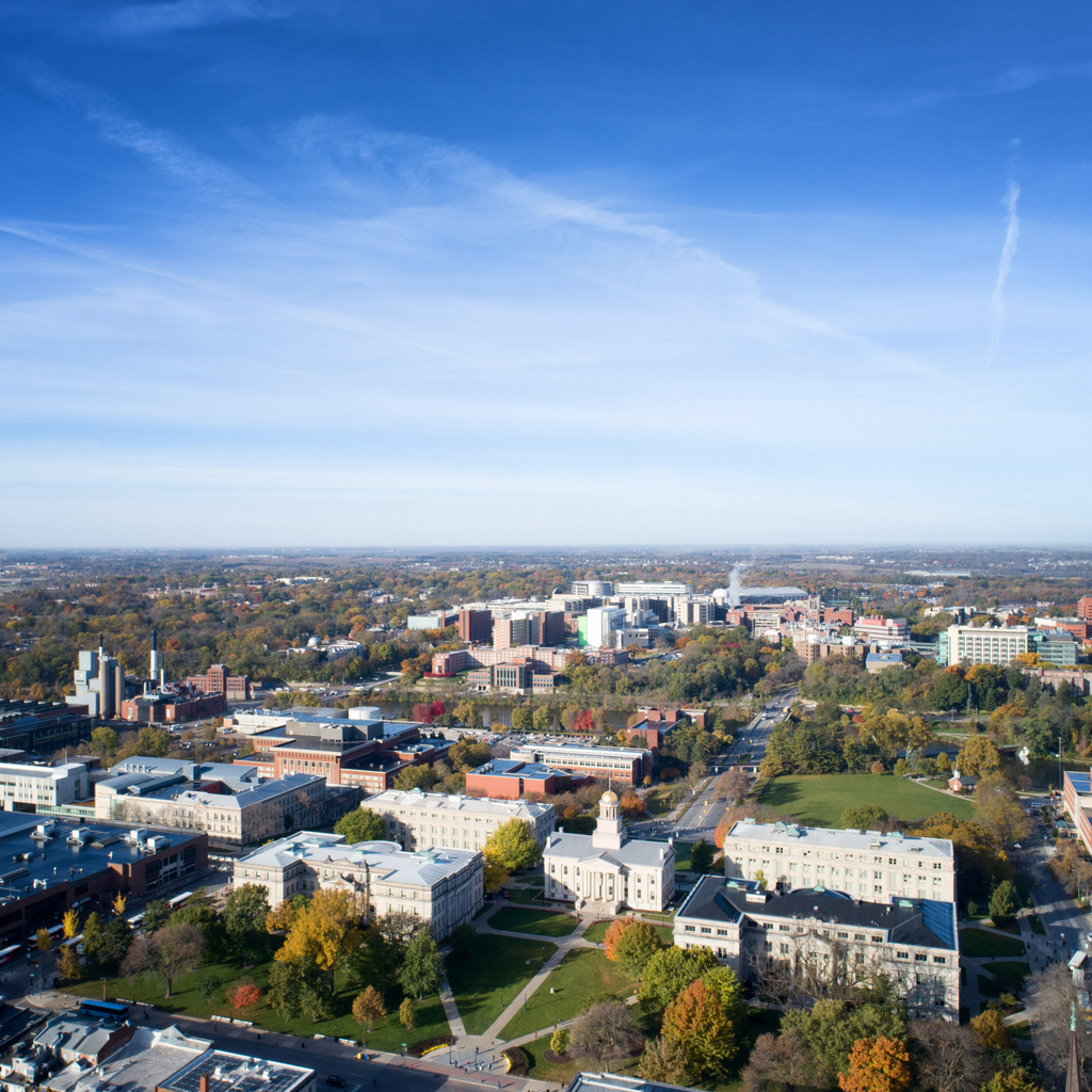 Drone footage of east side Iowa City University of Iowa campus