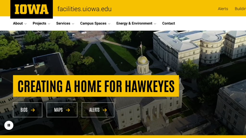 Screen grab of the FM homepage aerial drone view of the Pentacrest