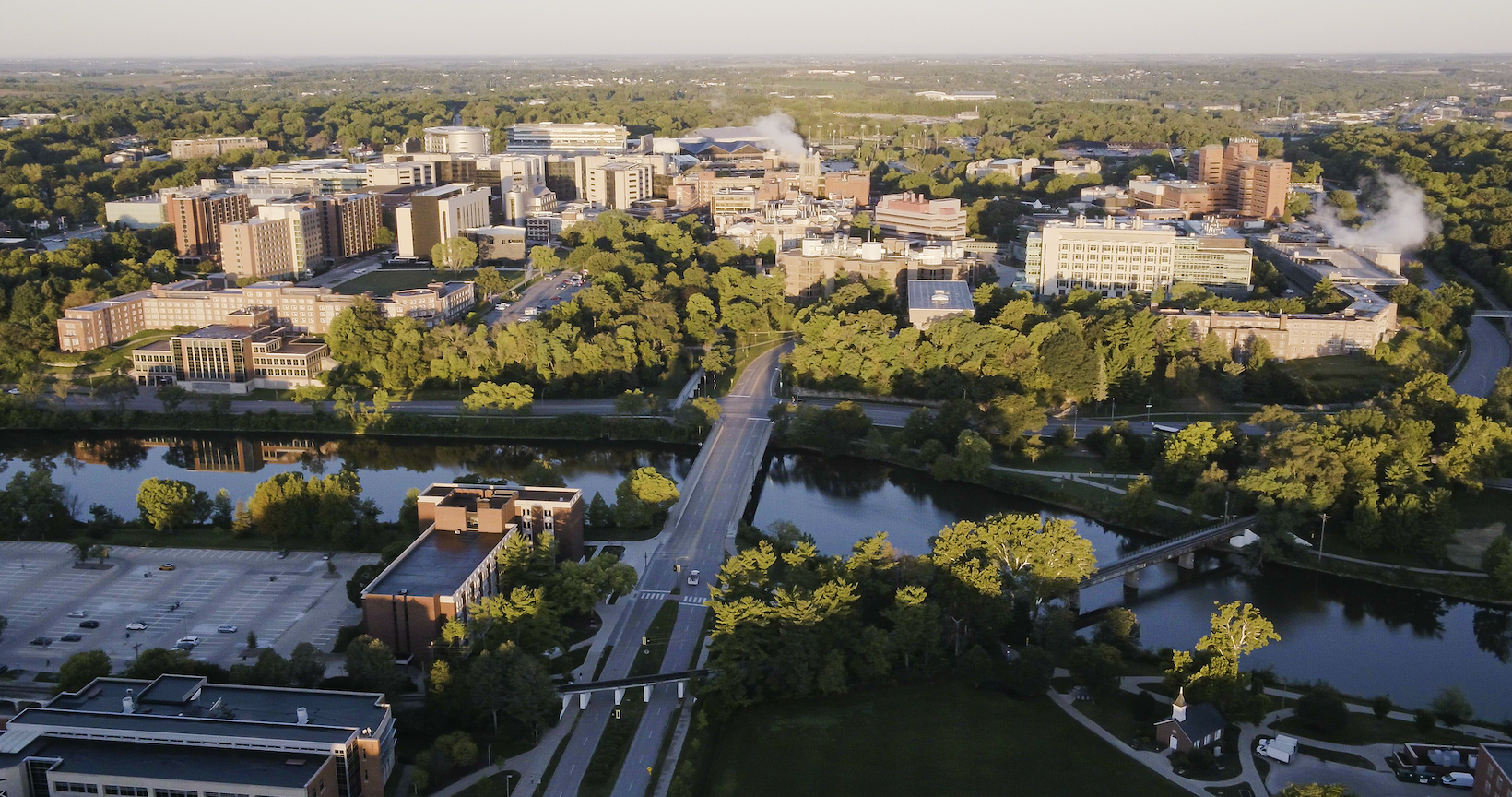 Aerial view of the Iowa River and the medical campus at the University of Iowa