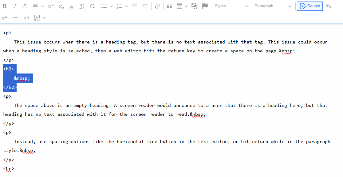 A screenshot of HTML code, showing an empty heading issue where there is a heading tag but no associated content.