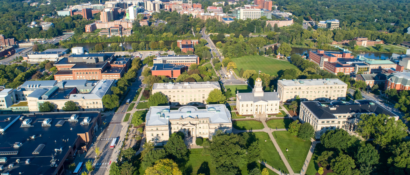 This is a drone image of east side campus, focusing on the Old Capitol building at the University of IOwa. 