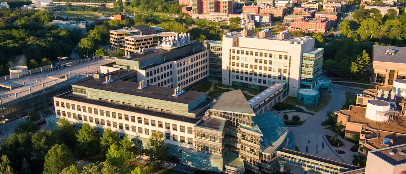 An aerial view of Iowa's medical campus, with the Pappajohn Biomedical Discovery Building at the center.