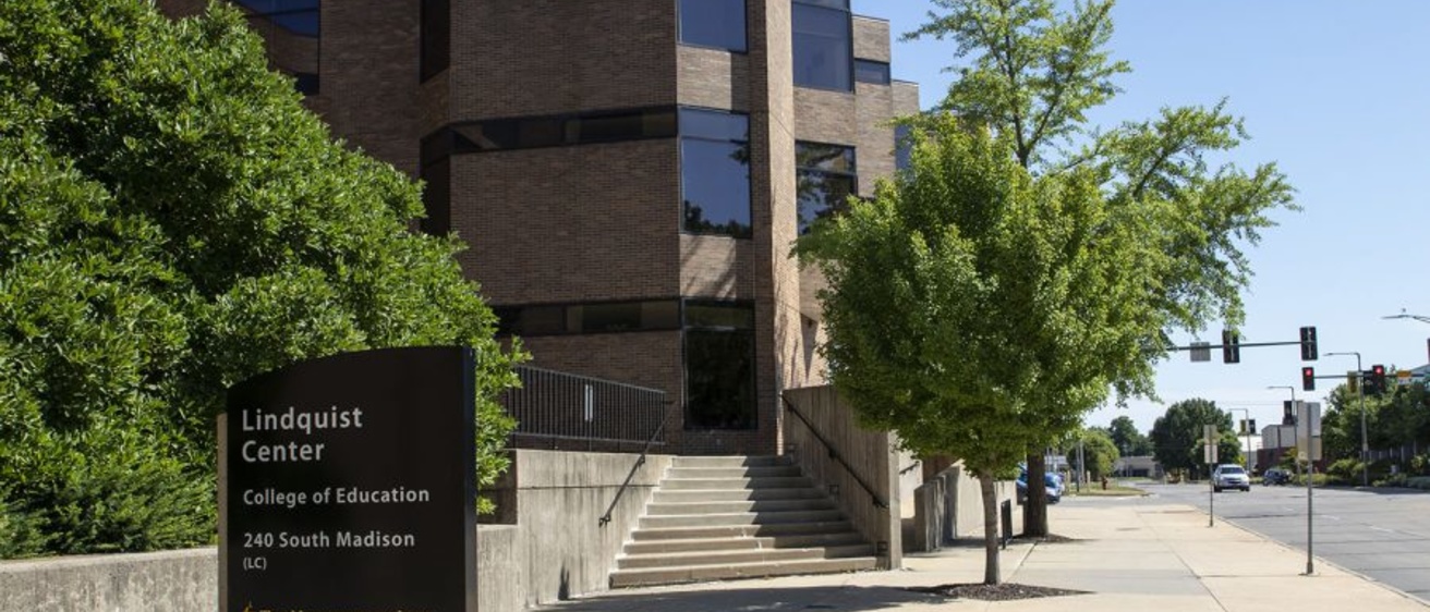 The exterior of the Lindquist Center photographed from the north in summer 2019