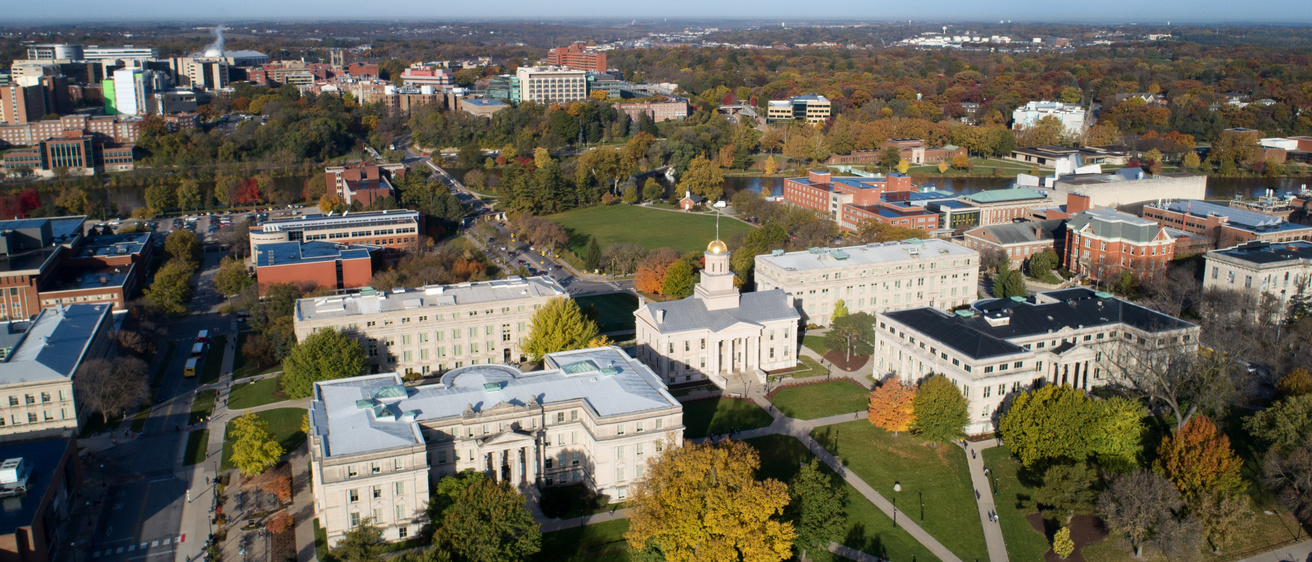 The Pentacrest photographed from the east from a drone with the Old Capitol at the center