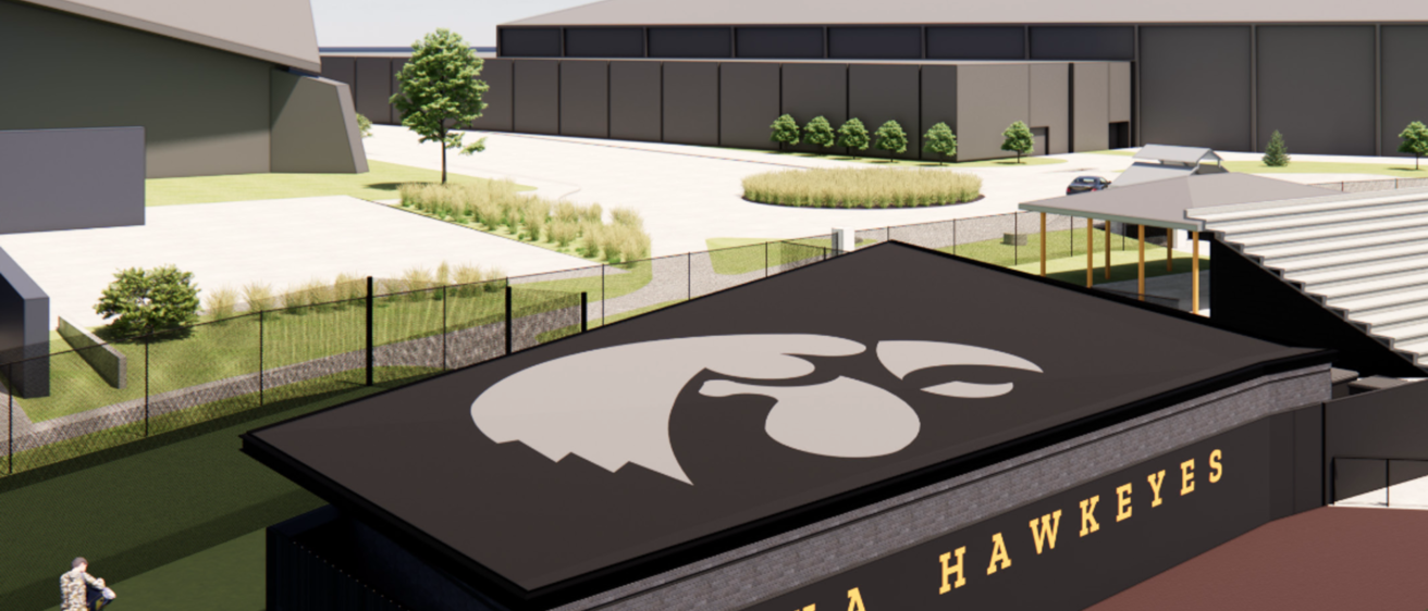 An artificial depiction of the proposed renovation to Duane Banks Field, showing a standalone 2,365-square-foot clubhouse adjacent to the existing Hawkeye dugout along the first base side of the stadium. The clubhouse extends down the right field line.